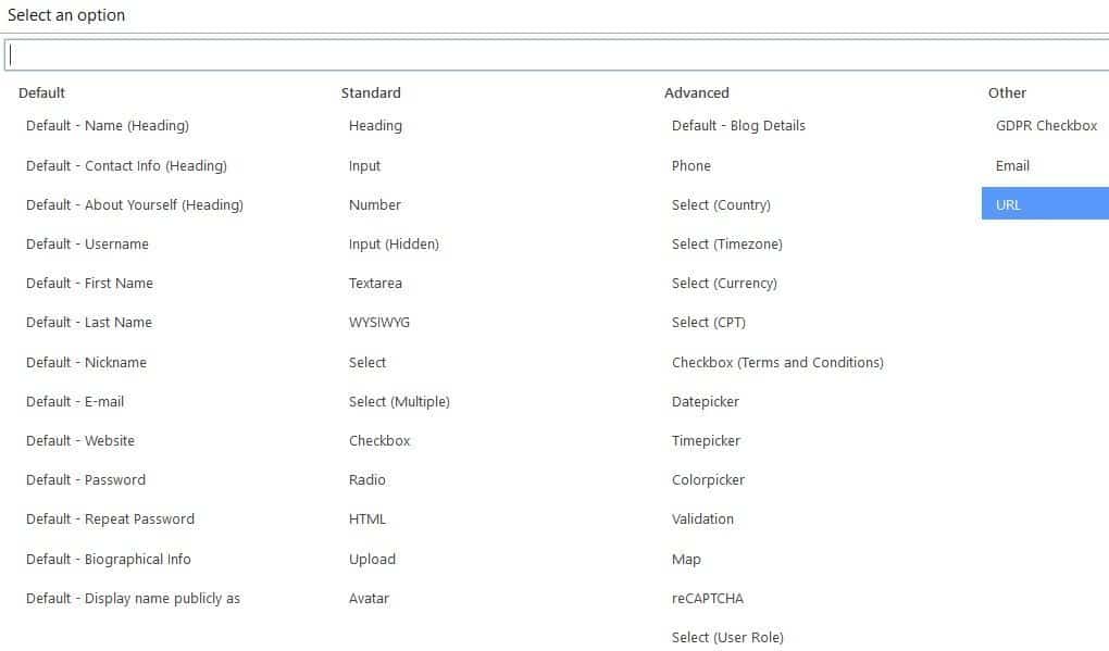 A full list of fields that are available