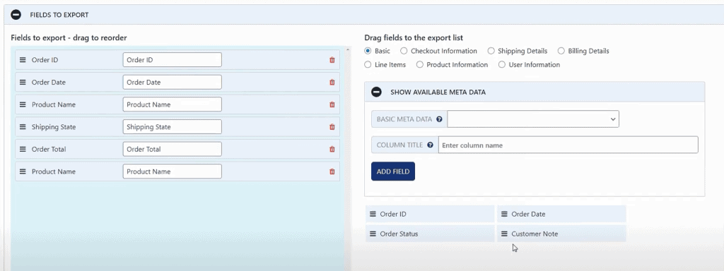 WooCommerce Order Export - Fields to export