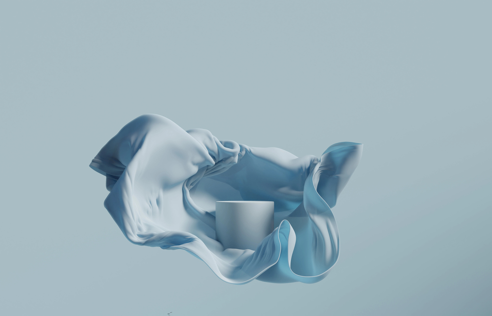 Pastel blue background with 3D podium and floating fabric