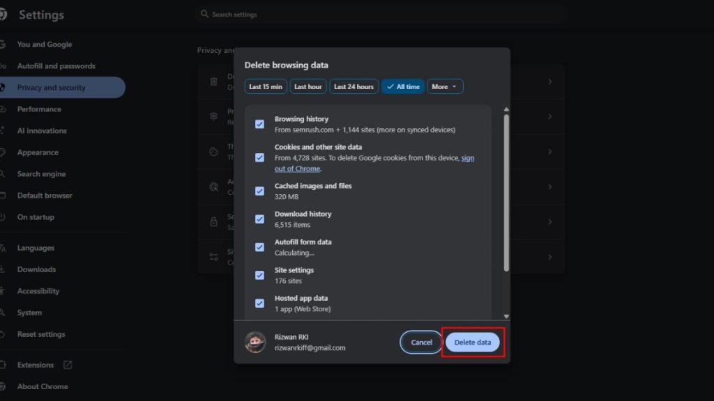 Clear cache and cookies